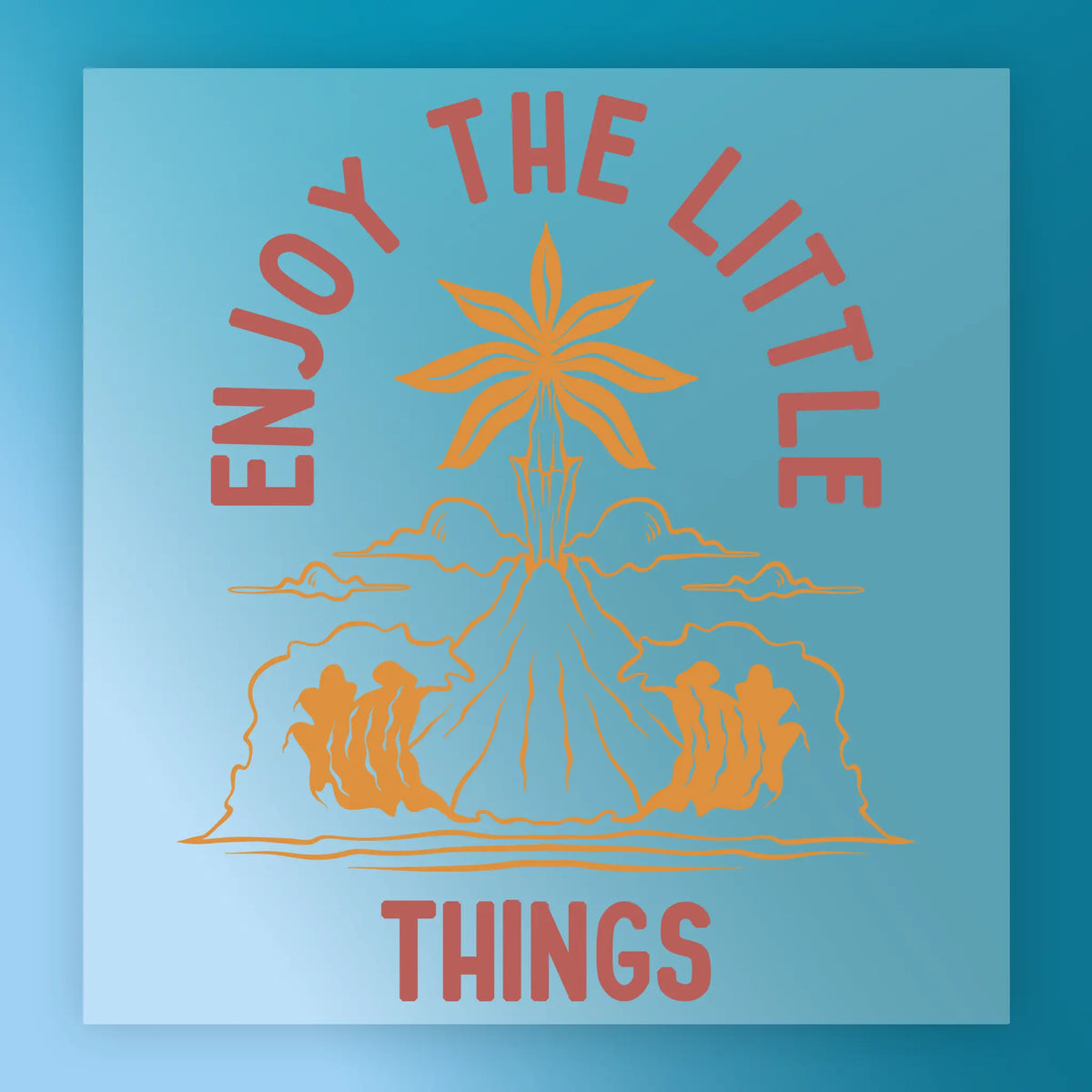 Illustration of a volcano with palm trees and clouds on blue, featuring "Get Your Fat Pants Ready Thanksgiving Humor" in curved orange text—ideal for custom apparel or DTF transfers by InkMerge.