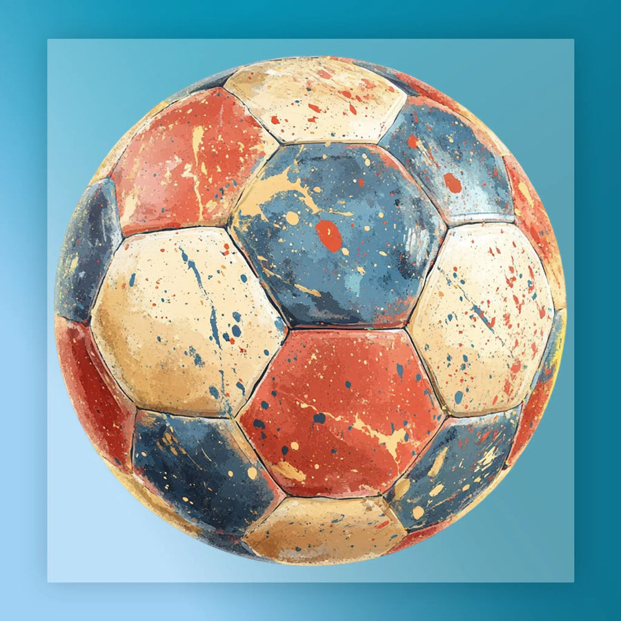 A colorful, multicolored soccer ball with a pattern of red, blue, and yellow tiles.