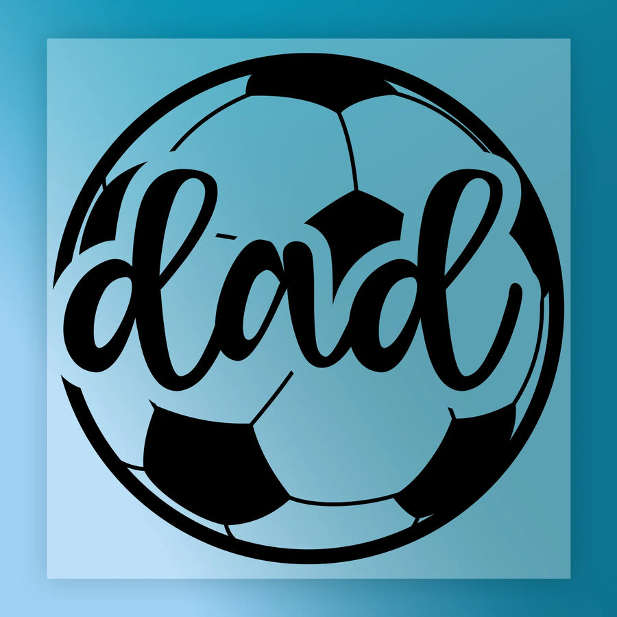 A soccer ball with the word "dad" written on it in a stylized font.