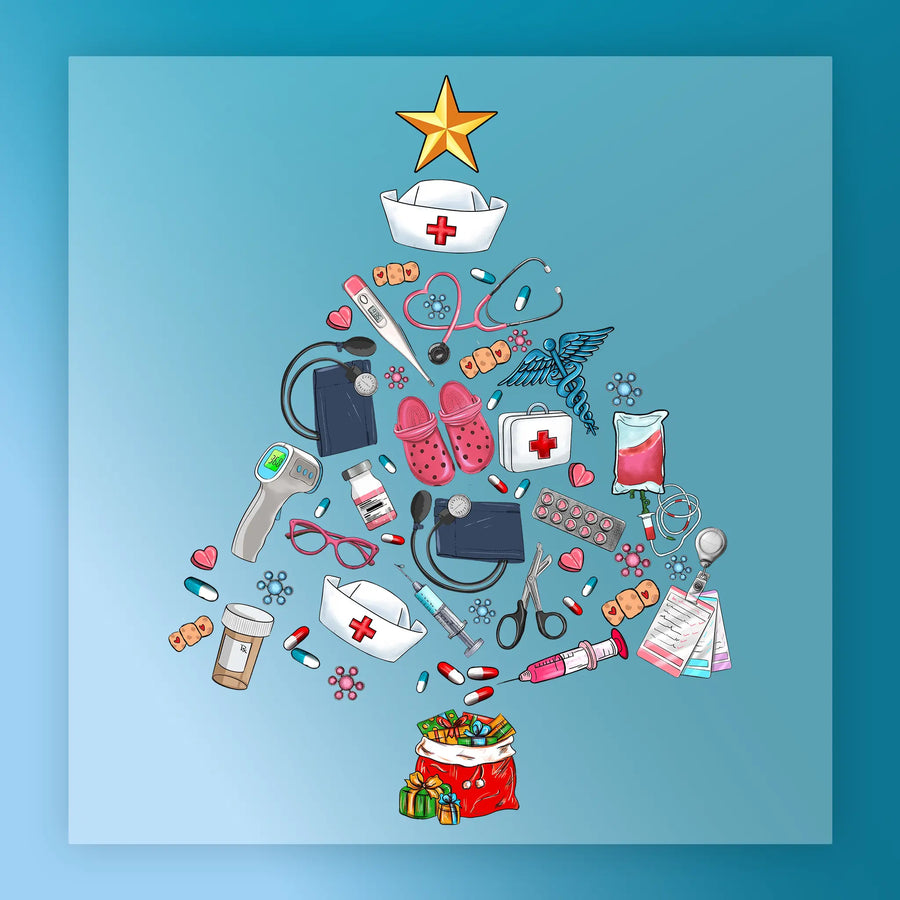 The InkMerge Healthcare Christmas Tree Design features pills, stethoscopes, nurse hats, syringes, and a blood bag with a gold star atop a blue tree—ideal for DTF transfers or holiday heat press projects, gift bag included at the base.