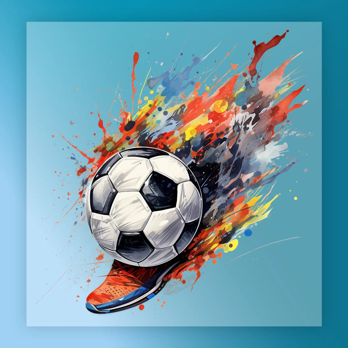 A vibrant and dynamic illustration of a soccer ball surrounded by splashes of color and paint, creating a sense of motion and energy.