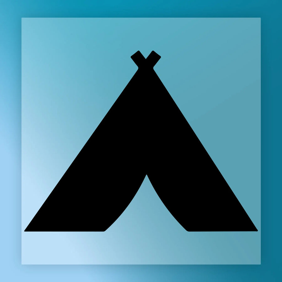 A simple black silhouette of a tent against a blue background.