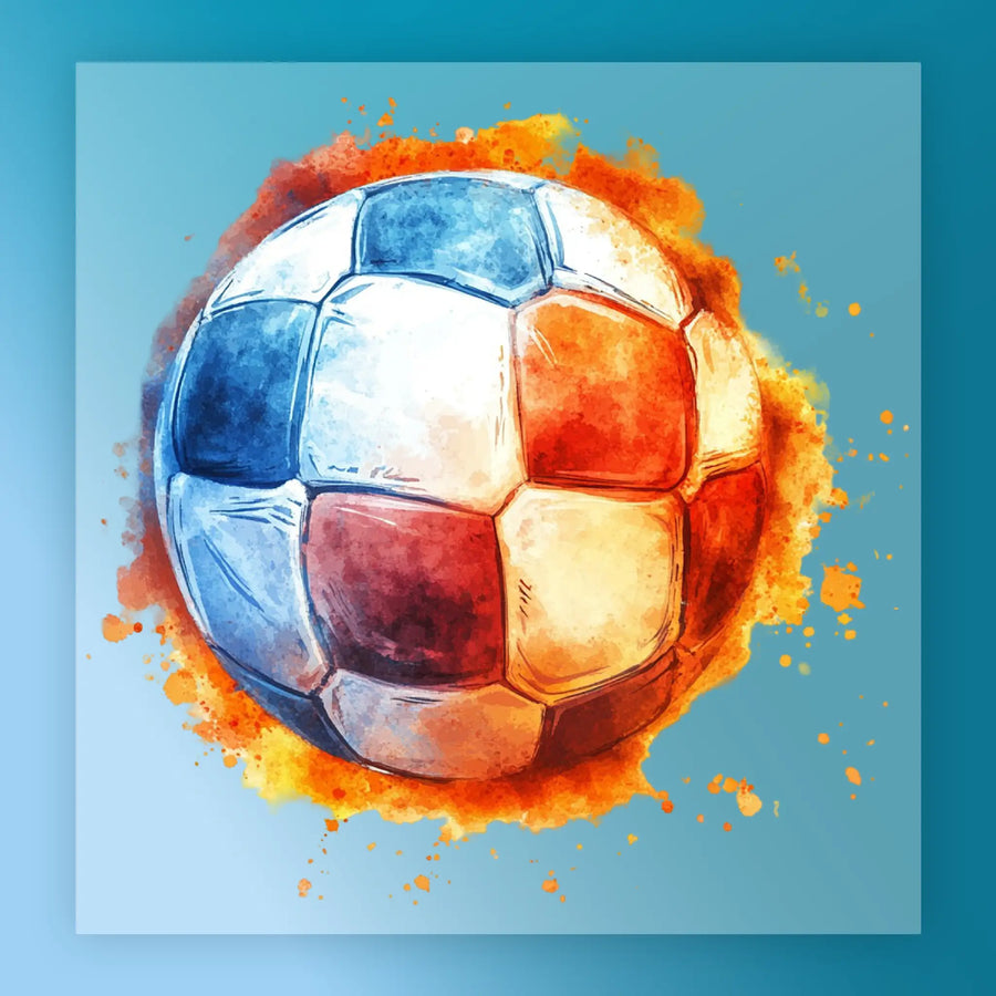 A colorful, abstract illustration of a soccer ball with a vibrant mix of blue, orange, and red colors, surrounded by splashes of orange and yellow against a blue background.