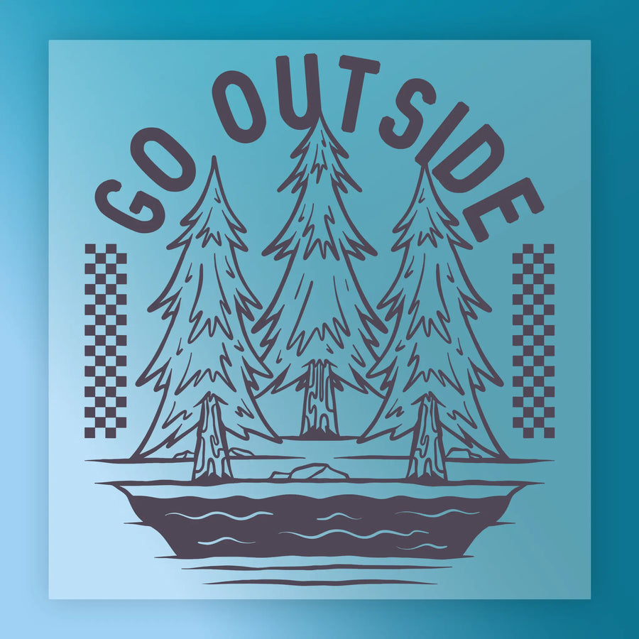 InkMerge Bear Baseball DTF Transfer — 8-Pass, Hot Peel, Ready to Press: Features three tall pine trees by a river under "GO OUTSIDE," flanked by vertical checkerboards and blue shades—ideal for pre-cured DTF transfer projects.
