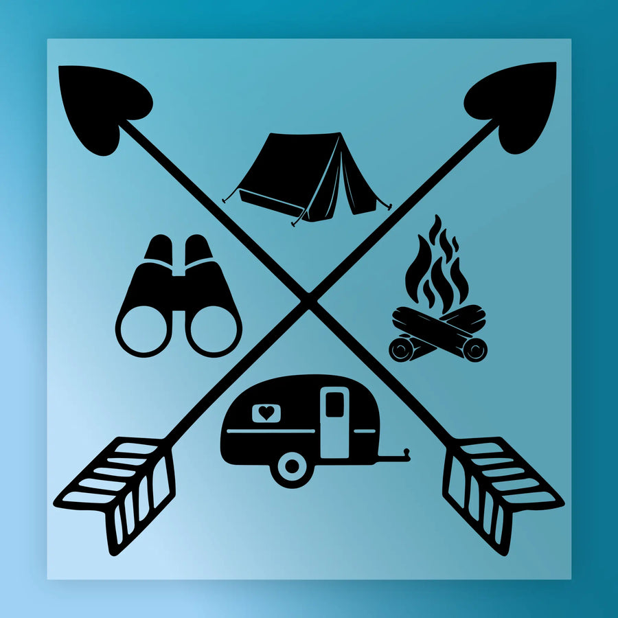 InkMerge’s Adventure Camping Motif DTF transfer showcases two crossed arrows with black icons—a tent, campfire, trailer, and binoculars—on a blue background. Ideal for heat press use.
