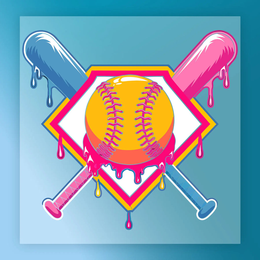 A vibrant illustration of a baseball bat and ball, with dripping colors, set against a blue background.