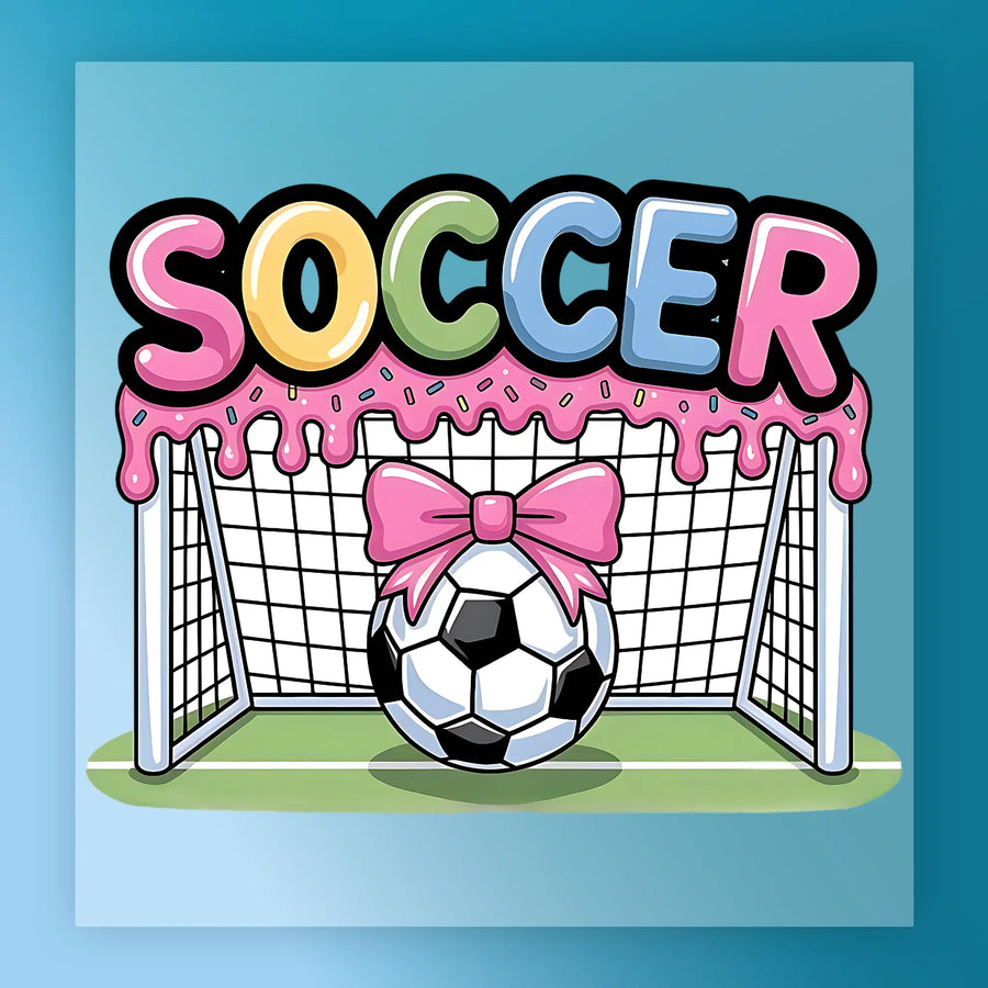a soccer ball with a pink bow on top of a soccer goal, with the word "SOCCER" written above it in a colorful, playful font.