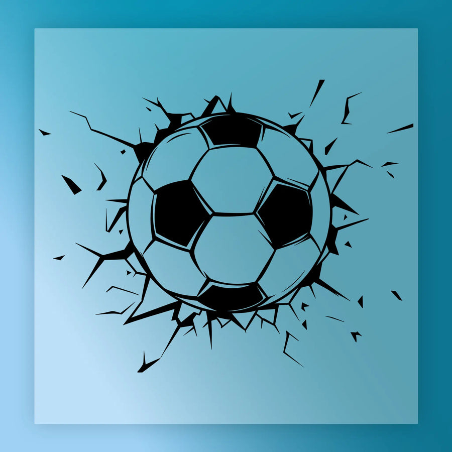 A stylized illustration of a soccer ball with a cracked and broken appearance, surrounded by scattered black lines against a blue background.