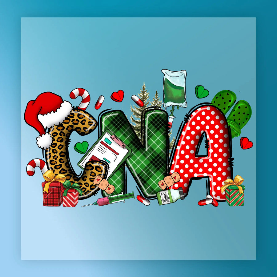 InkMerge CNA Festive Christmas Design features bold CNA letters adorned with Santa hat, candy canes, gifts, medical icons, and hearts on blue—ideal holiday shirt transfer or DTF transfer for celebrating the season!.
