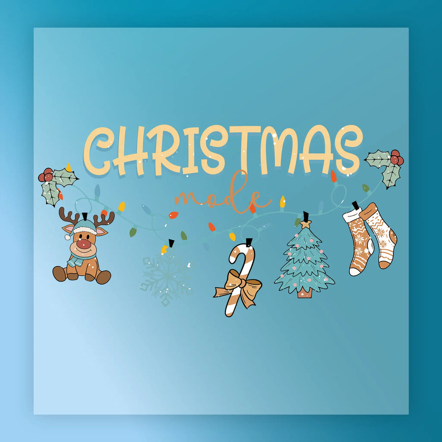 InkMerge's Christmas Mode Festive Design features a reindeer, candy cane, tree, and stockings on a blue backdrop with string lights and holly—perfect for custom apparel or DTF transfers.
