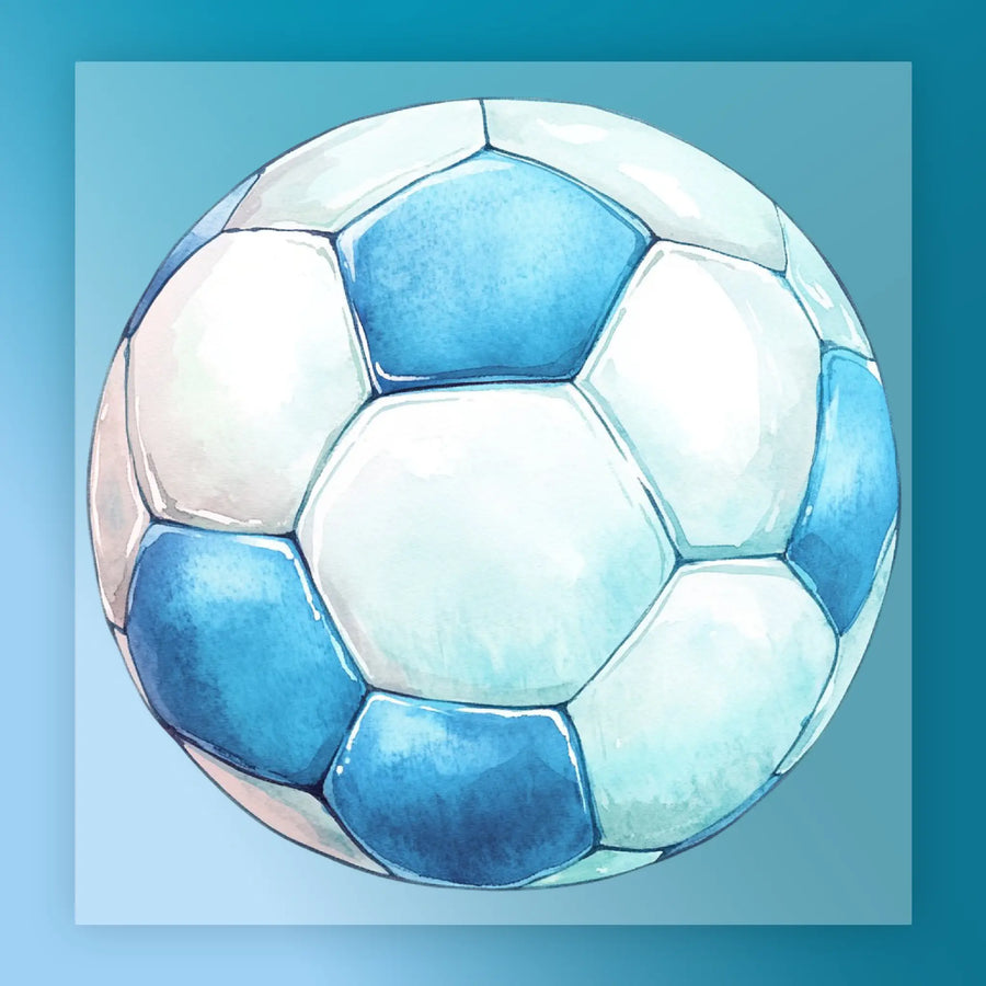 A watercolor painting of a soccer ball with blue and white colors.