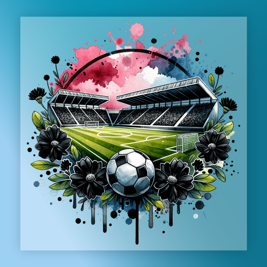 A vibrant illustration depicting a soccer stadium surrounded by a colorful, graffiti-style background with splashes of pink, blue, and black.