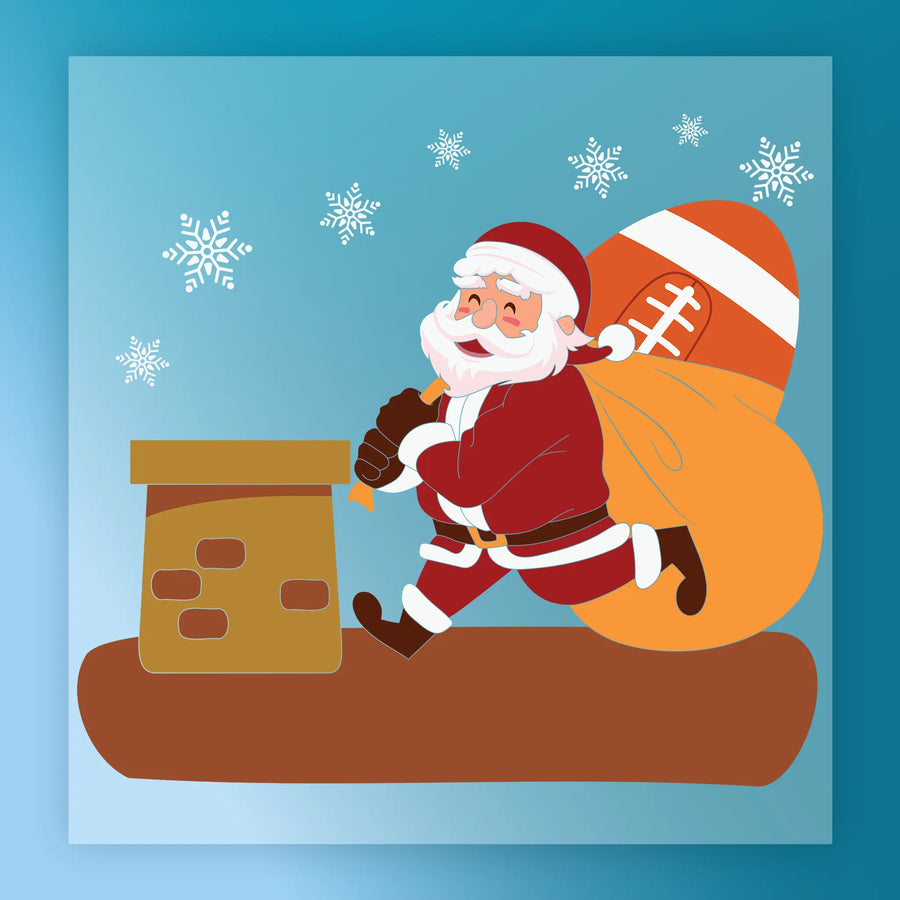 The InkMerge Cheerful Santa Claus Chimney Scene features Santa with a gift sack walking toward a chimney on a snowy rooftop—ideal for festive heat press or DTF transfer projects.