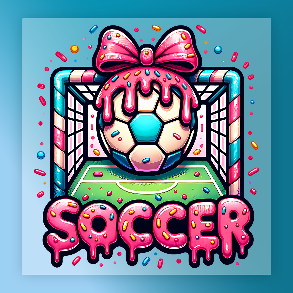 The image is a vibrant and playful illustration featuring a soccer ball surrounded by a colorful array of sprinkles and a pink bow. The word "SOCcer" is prominently displayed in a stylized font, with the sprinkles and bow adding a whimsical and festive touch to the overall design.