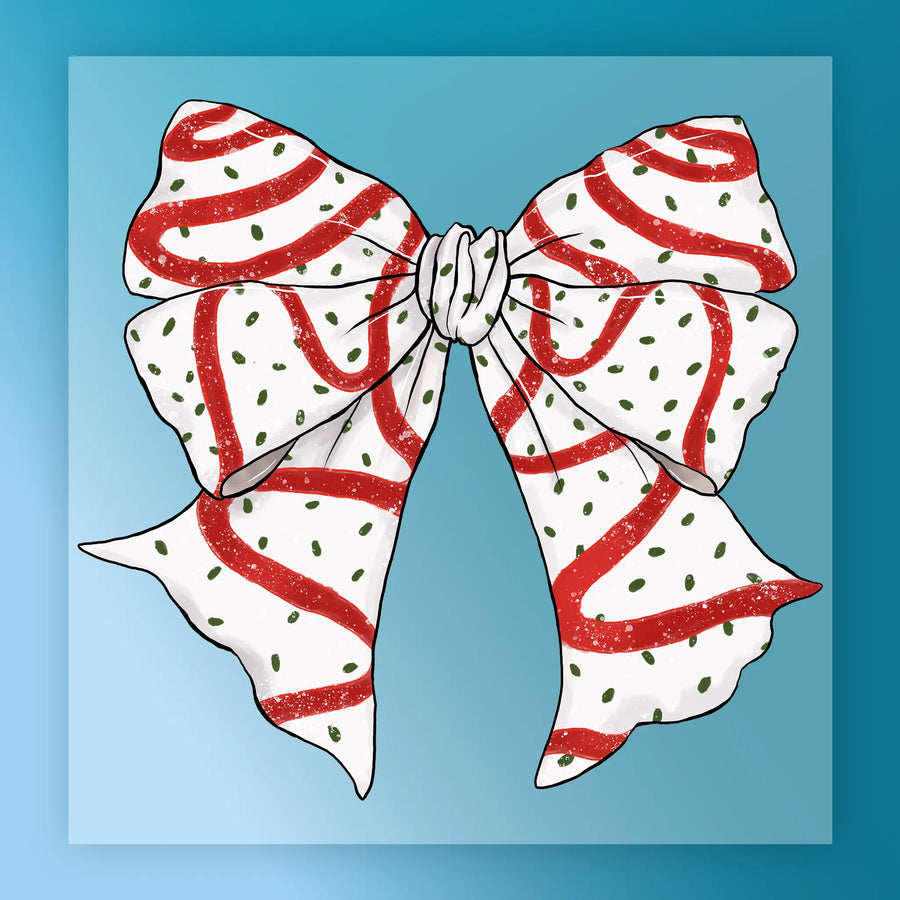 The InkMerge Festive Bow Christmas Design features a large white bow with red wavy stripes and green dots, centered on a blue gradient background—ideal for DTF transfers and custom holiday apparel.