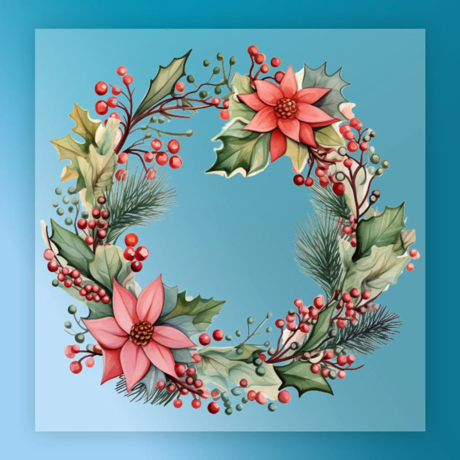 The InkMerge Watercolor Christmas Wreath Design features red poinsettias, holly leaves, pine needles, and berries on a blue background—perfect for DTF transfer or heat press holiday projects.