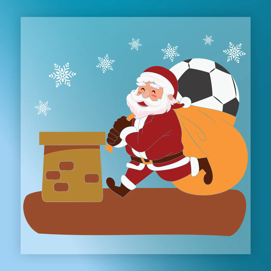 The InkMerge Santa Soccer Chimney Design - Heat Press Ready features Santa carrying a soccer ball on a snowy rooftop toward a chimney with falling snow, perfect for festive heat press transfers.