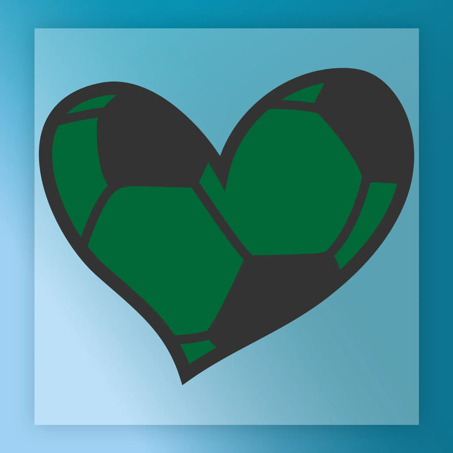 A heart-shaped graphic composed of green and black hexagonal shapes against a blue background.