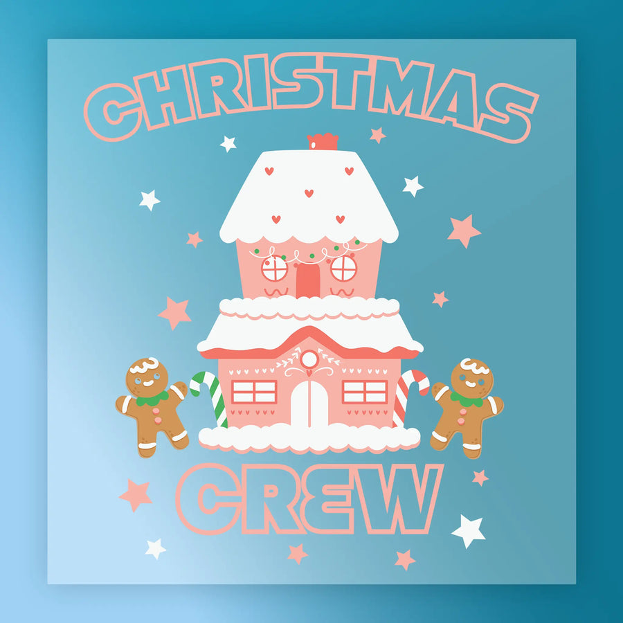 The InkMerge Christmas Crew Gingerbread Design - Heat Press Ready features a pink gingerbread house with white icing, two gingerbread people holding candy canes, stars, and bold pink “CHRISTMAS CREW” text—perfect for festive DTF or shirt transfers.
