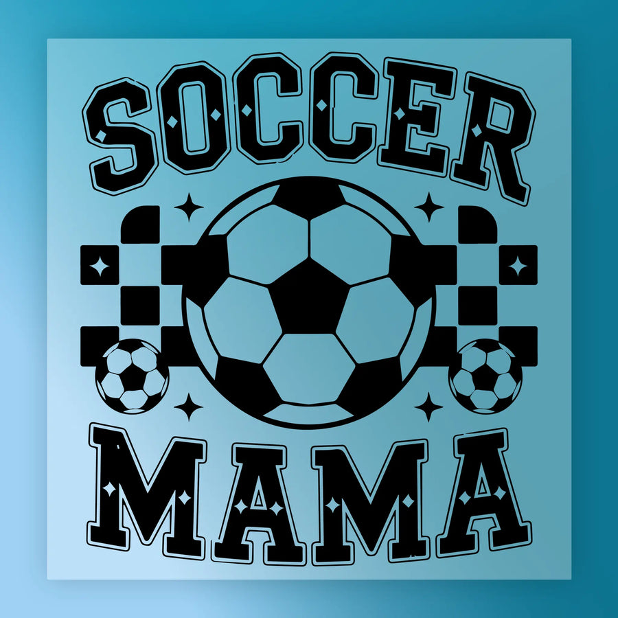 a soccer ball with the text "SOCCER MAMA" written above it, along with some soccer balls and stars.