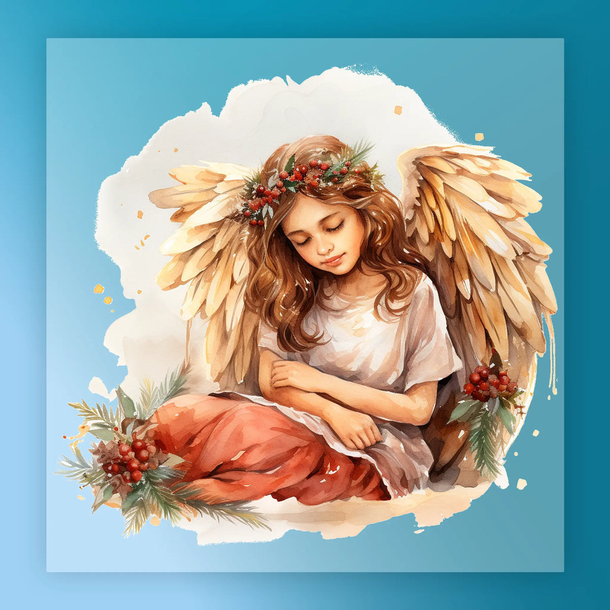 InkMerge’s Angelic Christmas Art features a serene young angel with brown hair, floral wreath, and feathered wings amidst festive greenery—an ideal DTF transfer for premium DTF film projects.