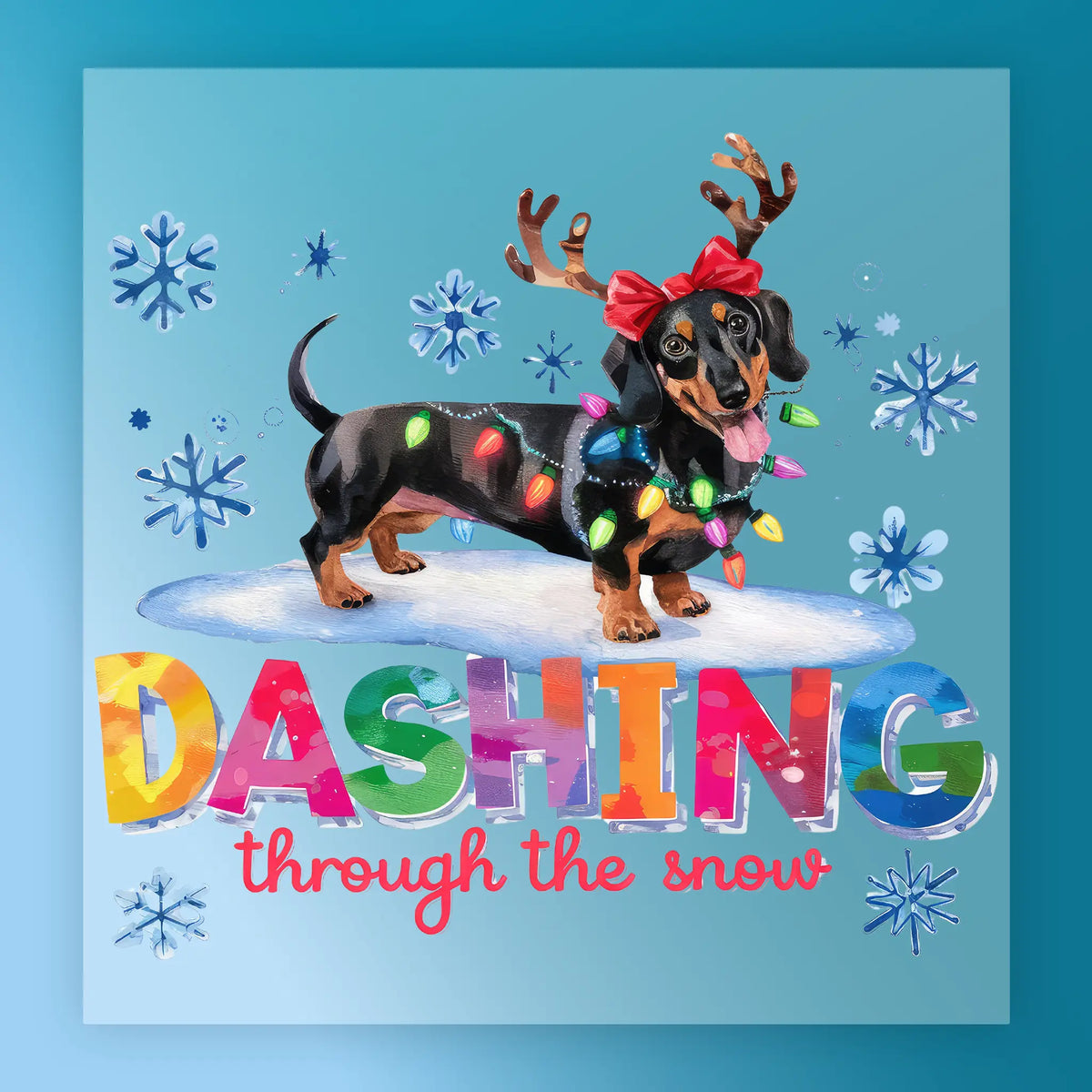 InkMerge's "Dashing Through The Snow Dachshund Design" features a dachshund in antlers, a red bow, and Christmas lights on snow with snowflakes. Ideal for DTF transfers or heat press projects. Text says "Dashing through the snow" in colorful and red letters.