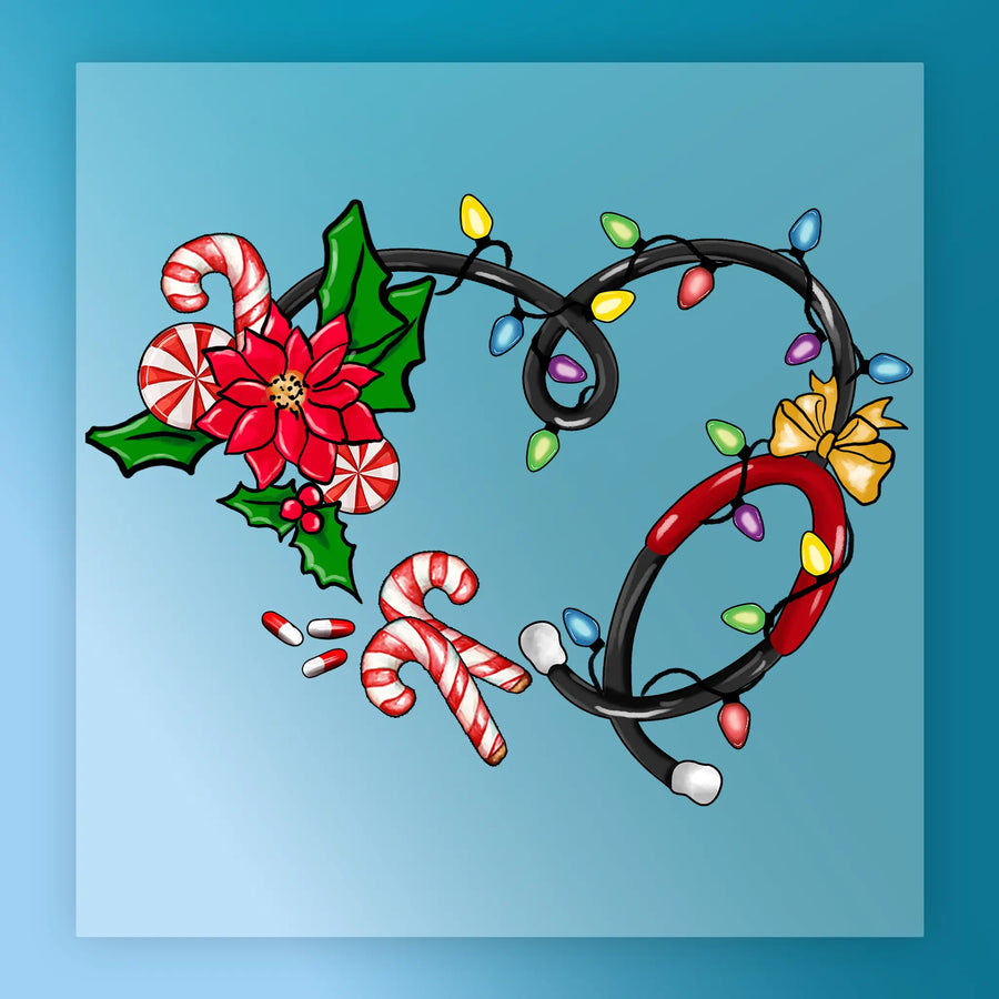 InkMerge’s Festive Holiday Elements features a heart of colorful Christmas lights with candy canes, poinsettia, holly leaves, and a yellow ribbon on blue—ideal for festive apparel using premium DTF film and a heat press.