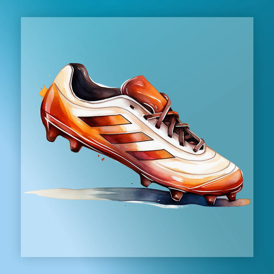 A colorful and stylized illustration of a soccer cleat against a blue background.