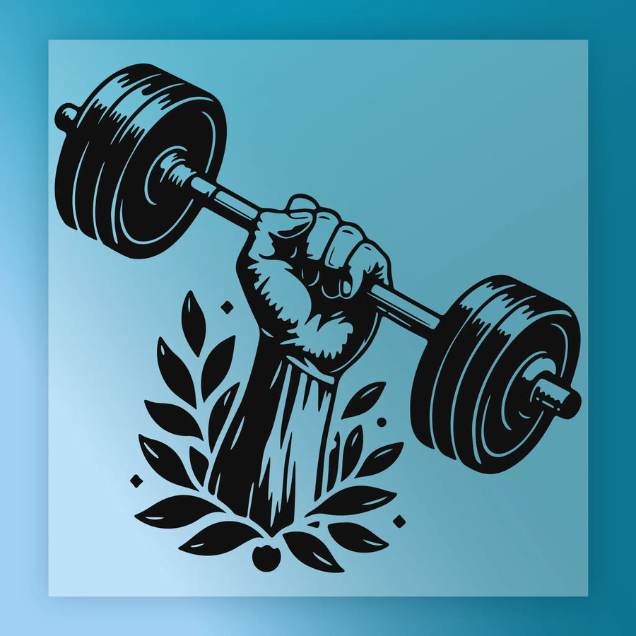 A hand gripping a barbell, with a laurel wreath and leaves as a decorative element.