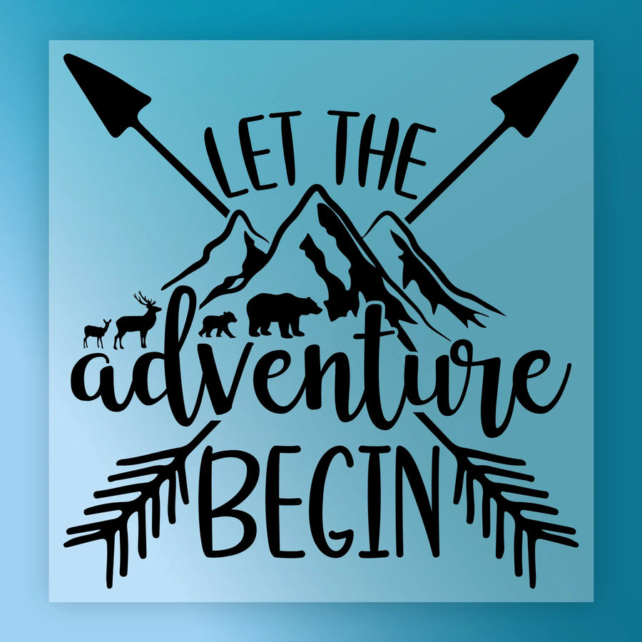 The InkMerge Let the Adventure Begin Mountains Wildlife graphic features mountains, arrows, and forest animals with bold text—ideal for custom apparel or unique DTF transfer designs.