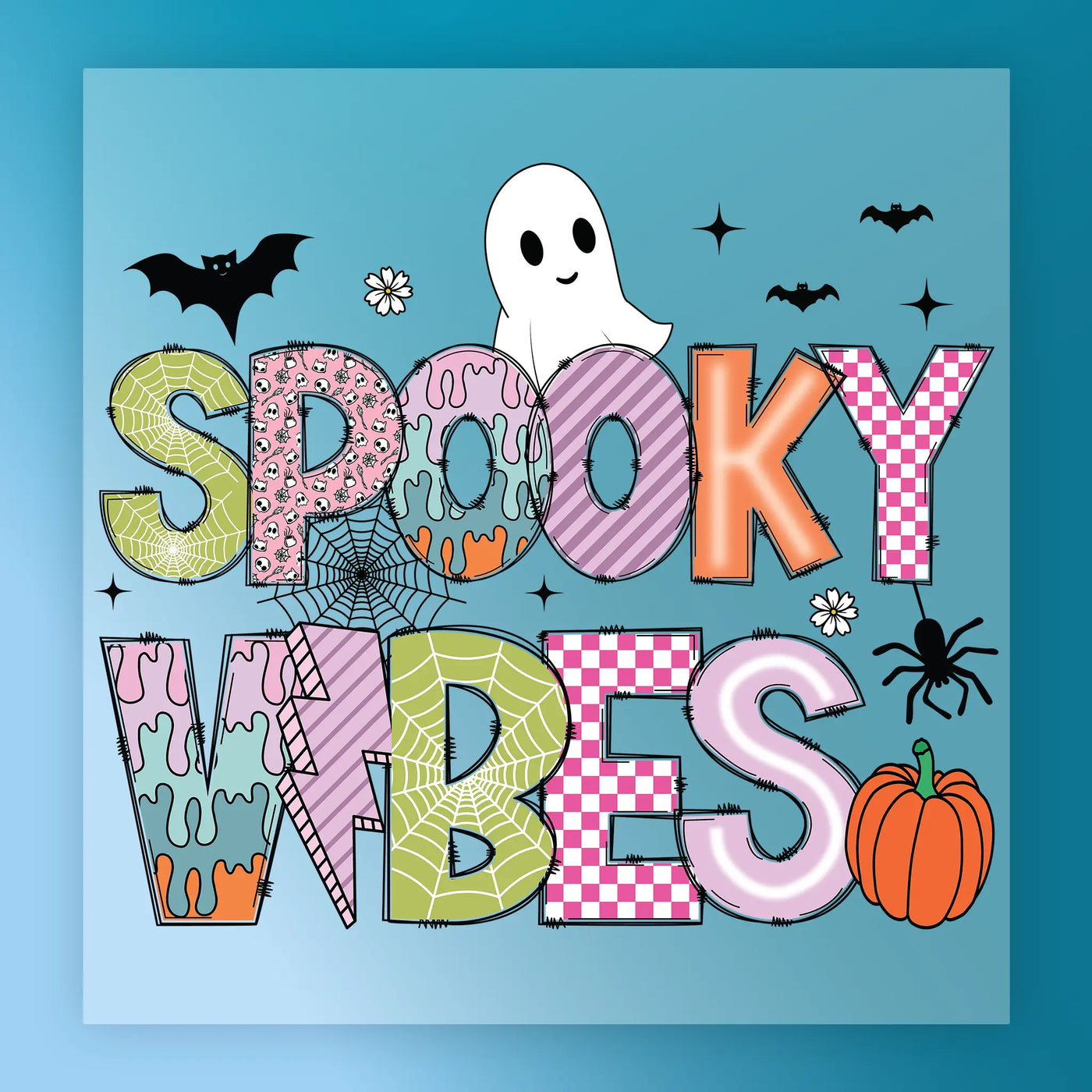 The image is a colorful and whimsical illustration featuring the text "SPOOKY VIBES" surrounded by various Halloween-themed elements such as a ghost, bats, a spider, a pumpkin, and a spider.
