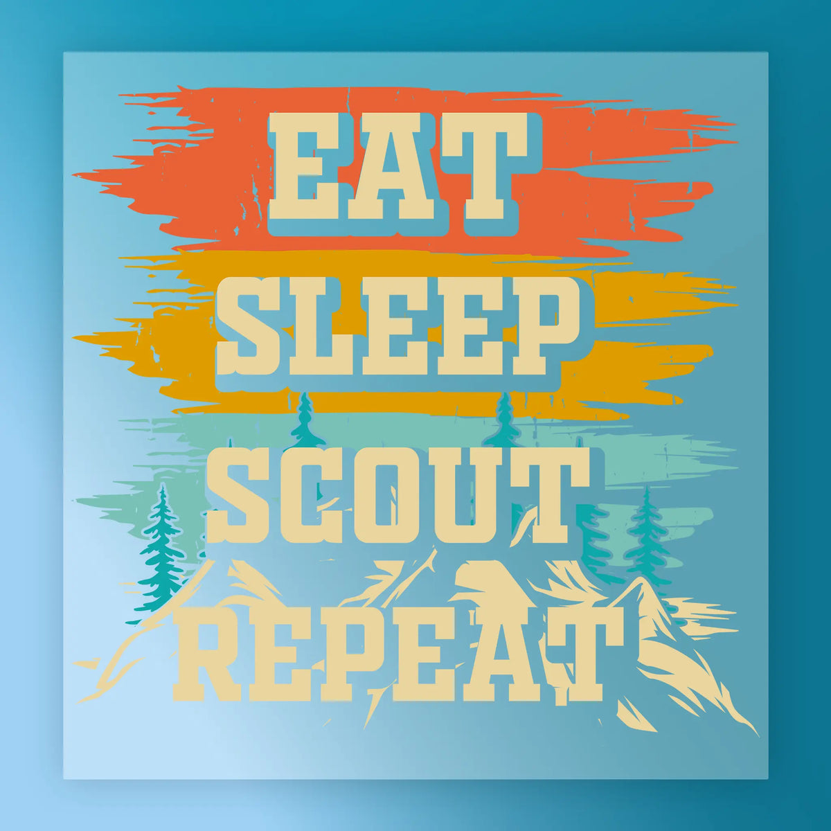 Text graphic with vibrant orange, yellow, and blue brushstrokes reads Eat Sleep Camp Adventure by InkMerge over trees and mountains—ideal for custom apparel or screen printing projects.