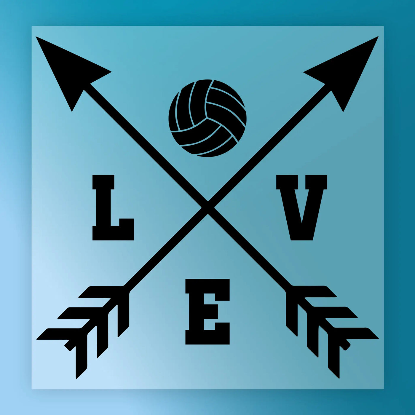 a volleyball and two crossed arrows, with the word "LOVE" written below them.