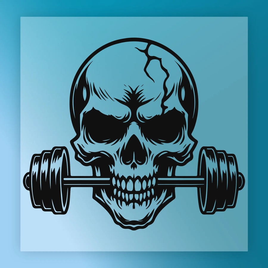 A skull with a barbell on its teeth, representing a symbol of strength and fitness.