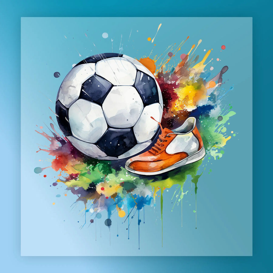 A vibrant and dynamic illustration featuring a soccer ball surrounded by splashes of color and a pair of orange and white shoes.