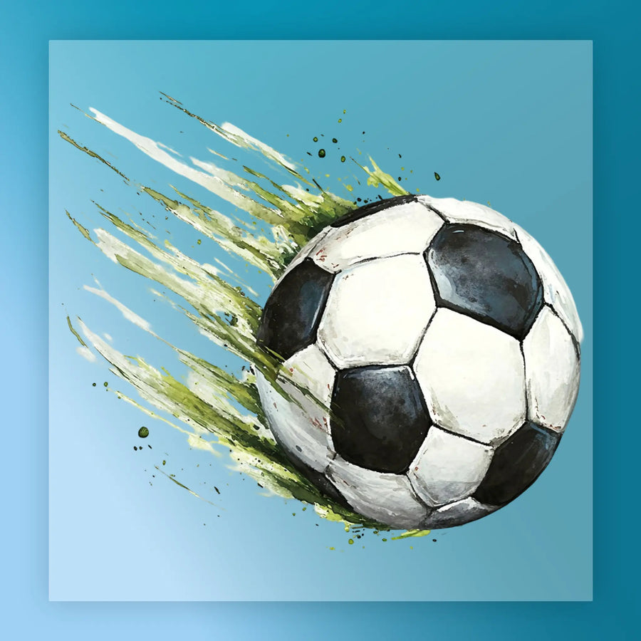 A soccer ball in motion, with splashes of green and black paint, against a blue background.