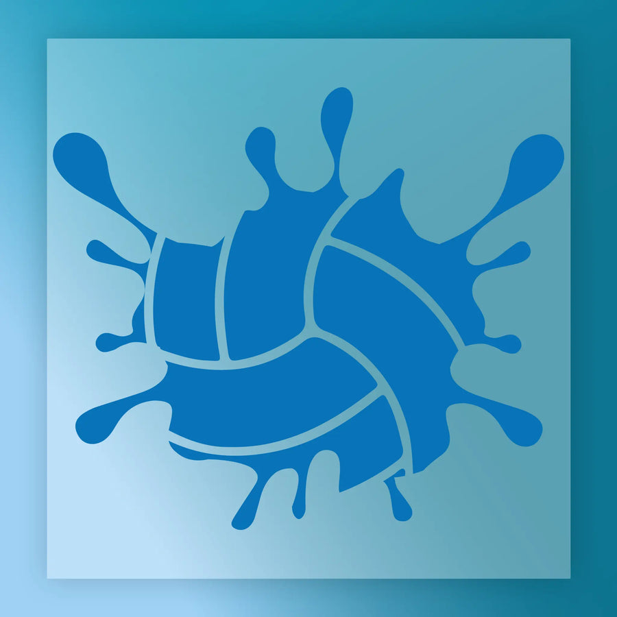 A blue splash graphic with water droplets, representing a volleyball or similar sports ball.