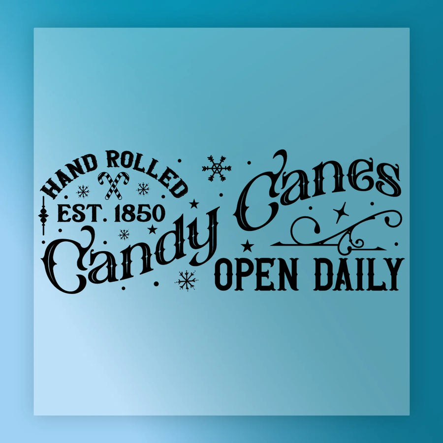 The Hand Rolled Candy Canes Vintage Design - Heat Press Ready by InkMerge features black text on blue with candy cane, snowflake, and swirl accents—a perfect vintage transfer for your next heat press project.