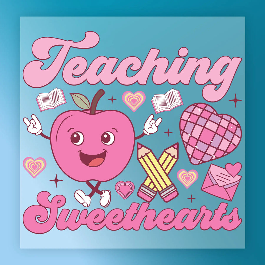 The image is a colorful illustration featuring a smiling apple character surrounded by various heart-shaped objects, pencils, and other school-related items. The text "Teaching Sweethearts" is prominently displayed, suggesting a playful and affectionate theme related to teaching and education.