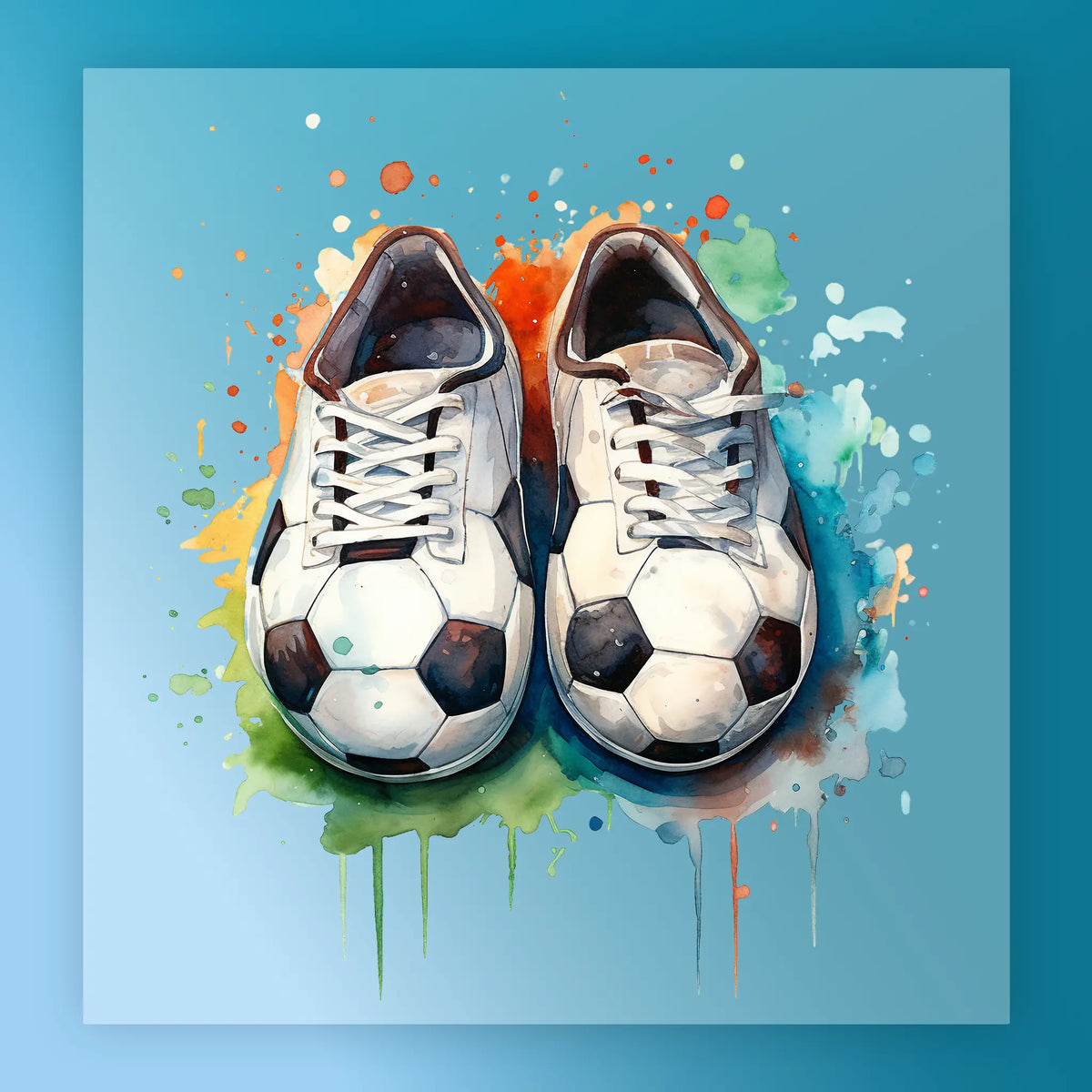 A pair of white and black soccer cleats with a colorful, abstract background.