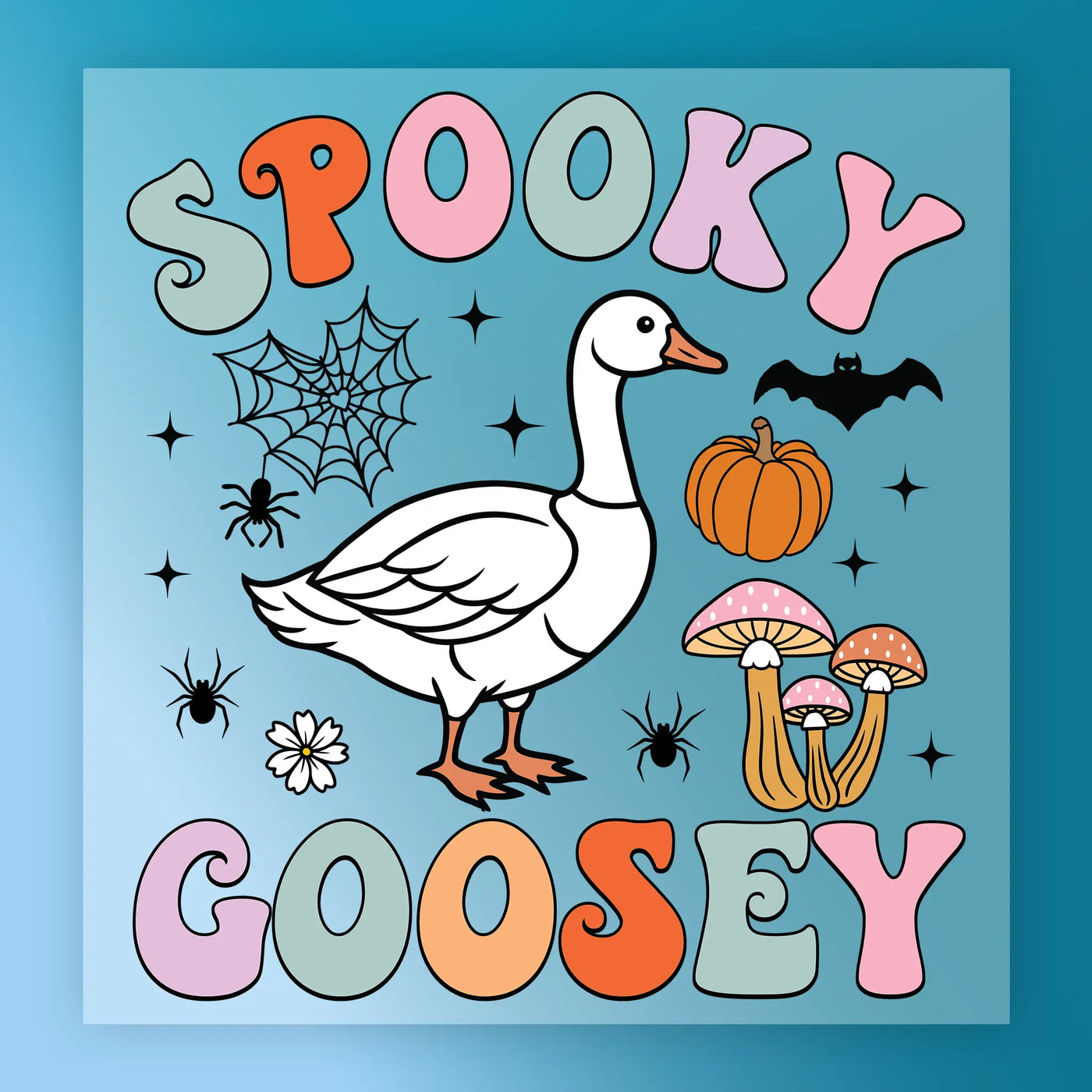 The image is a colorful illustration featuring a cartoon goose surrounded by various Halloween-themed elements, including a spider, pumpkin, mushrooms, and a bat.