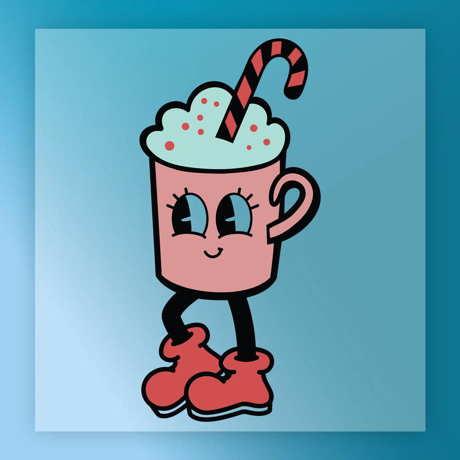 The Festive Cartoon Mug Character by InkMerge features big eyes, a smiling face, black legs, and red boots—perfect for DTF transfers or screen printing on custom apparel—set against a blue gradient background.