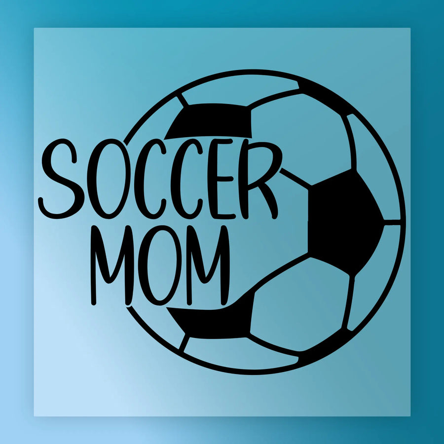 a soccer ball with the text "SOCCER MOM" written on it.