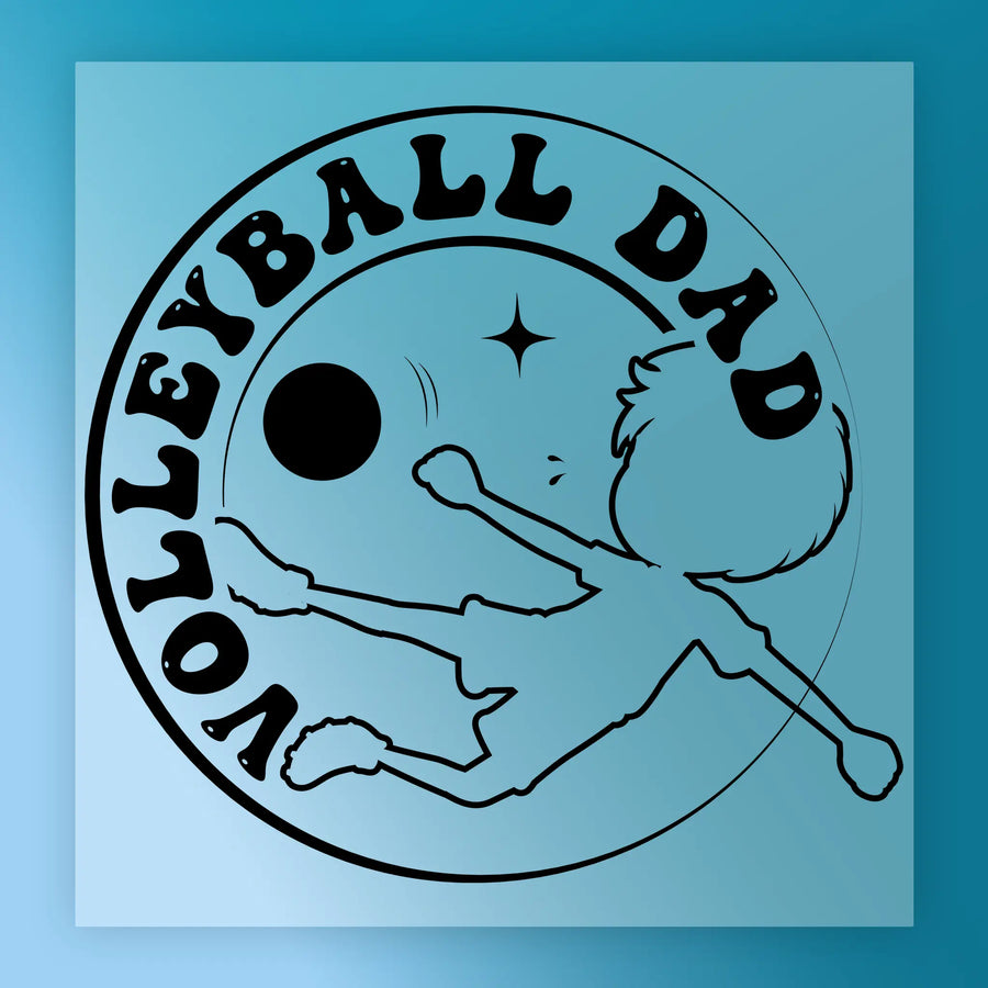 A graphic design featuring a silhouette of a person playing volleyball, with the text "Volleyball Dad" written around the image.