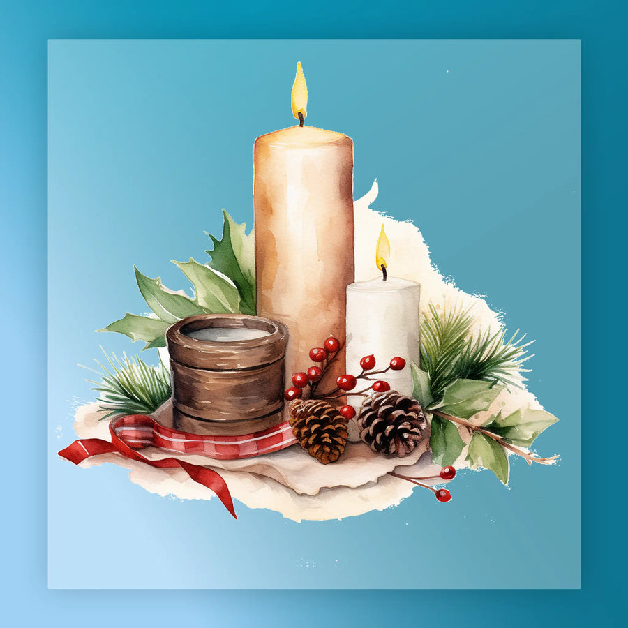 The Traditional Holiday Candle Illustration - Heat Press Ready by InkMerge features two lit candles, pinecones, red berries, green leaves, and a plaid-ribbon jar—perfect for custom apparel or DTF transfers.