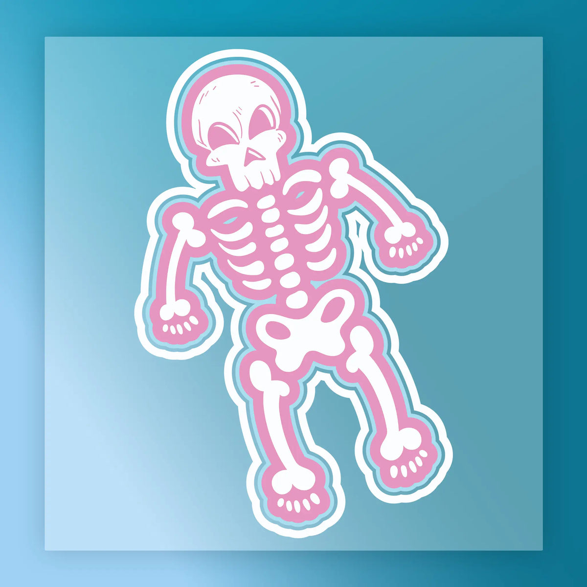 The InkMerge Cute Pastel Skeleton Kawaii Design features a cartoon pink-boned skeleton with a playful, non-scary look on a blue gradient, outlined in white—ideal for DTF transfers and Halloween crafts.