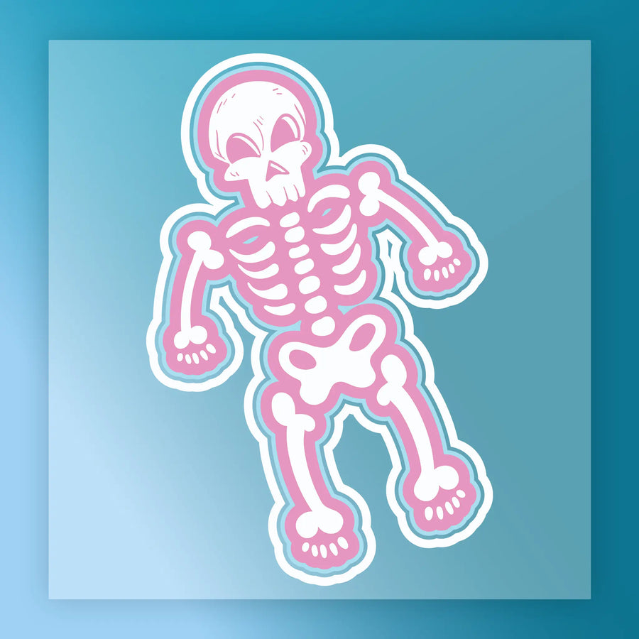 The InkMerge Cute Pastel Skeleton Kawaii Design features a cartoon pink-boned skeleton with a playful, non-scary look on a blue gradient, outlined in white—ideal for DTF transfers and Halloween crafts.