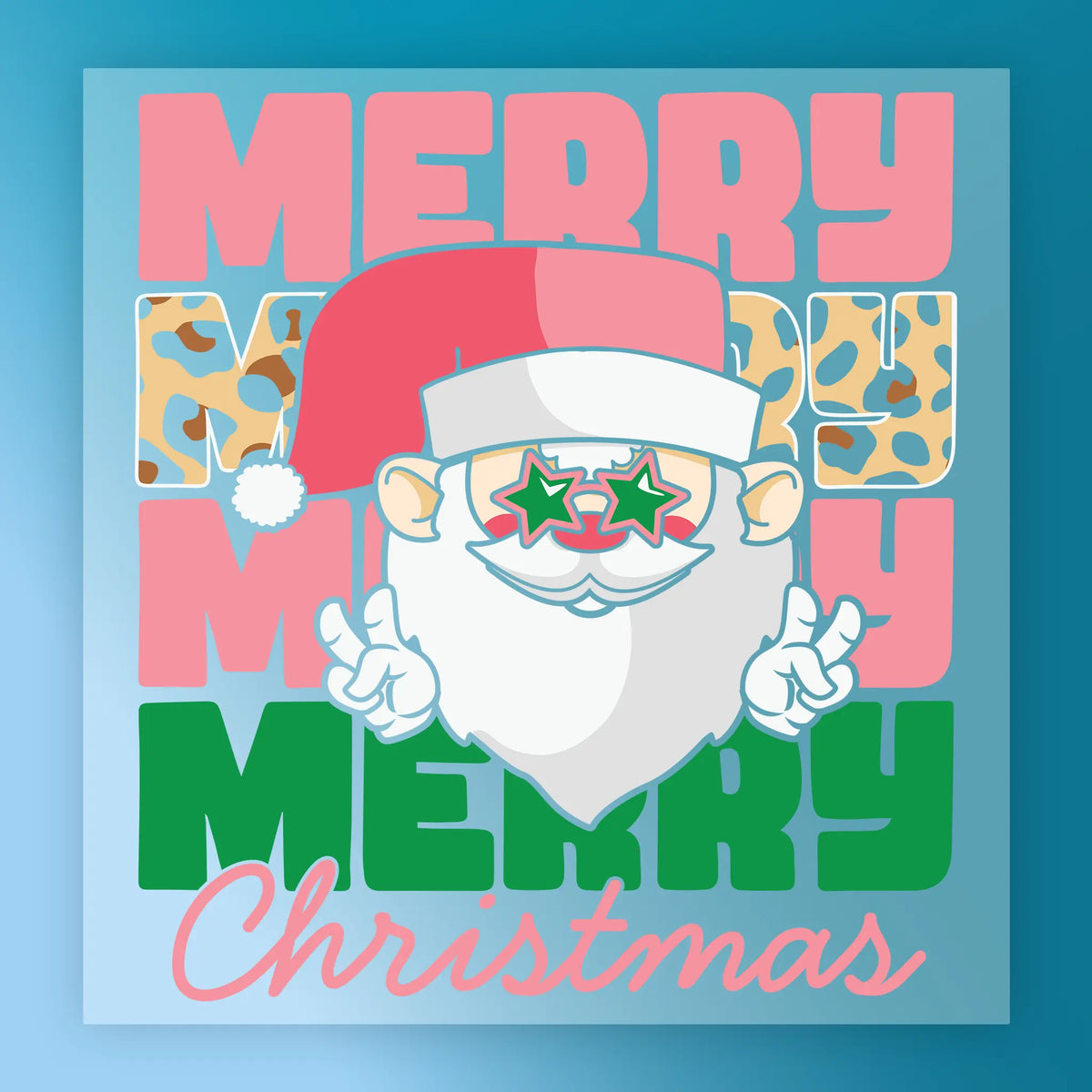 The InkMerge Merry Christmas Santa with Leopard Print features a cartoon Santa in star-shaped sunglasses making peace signs, bold colorful "Merry Christmas" text, and leopard print accents—a fun DTF transfer for holiday projects.