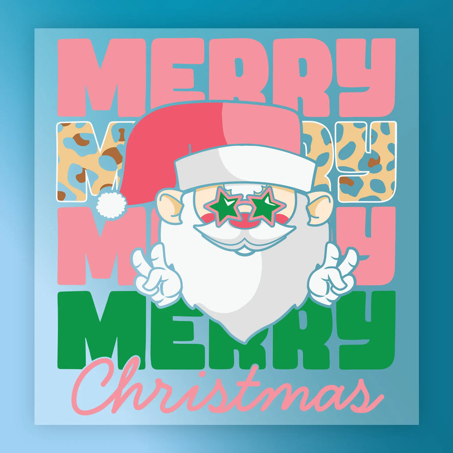 The InkMerge Merry Christmas Santa with Leopard Print features a cartoon Santa in star-shaped sunglasses making peace signs, bold colorful "Merry Christmas" text, and leopard print accents—a fun DTF transfer for holiday projects.