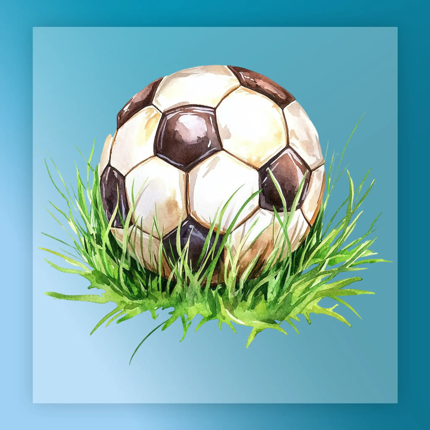 A watercolor painting of a soccer ball resting on a bed of green grass against a blue background.